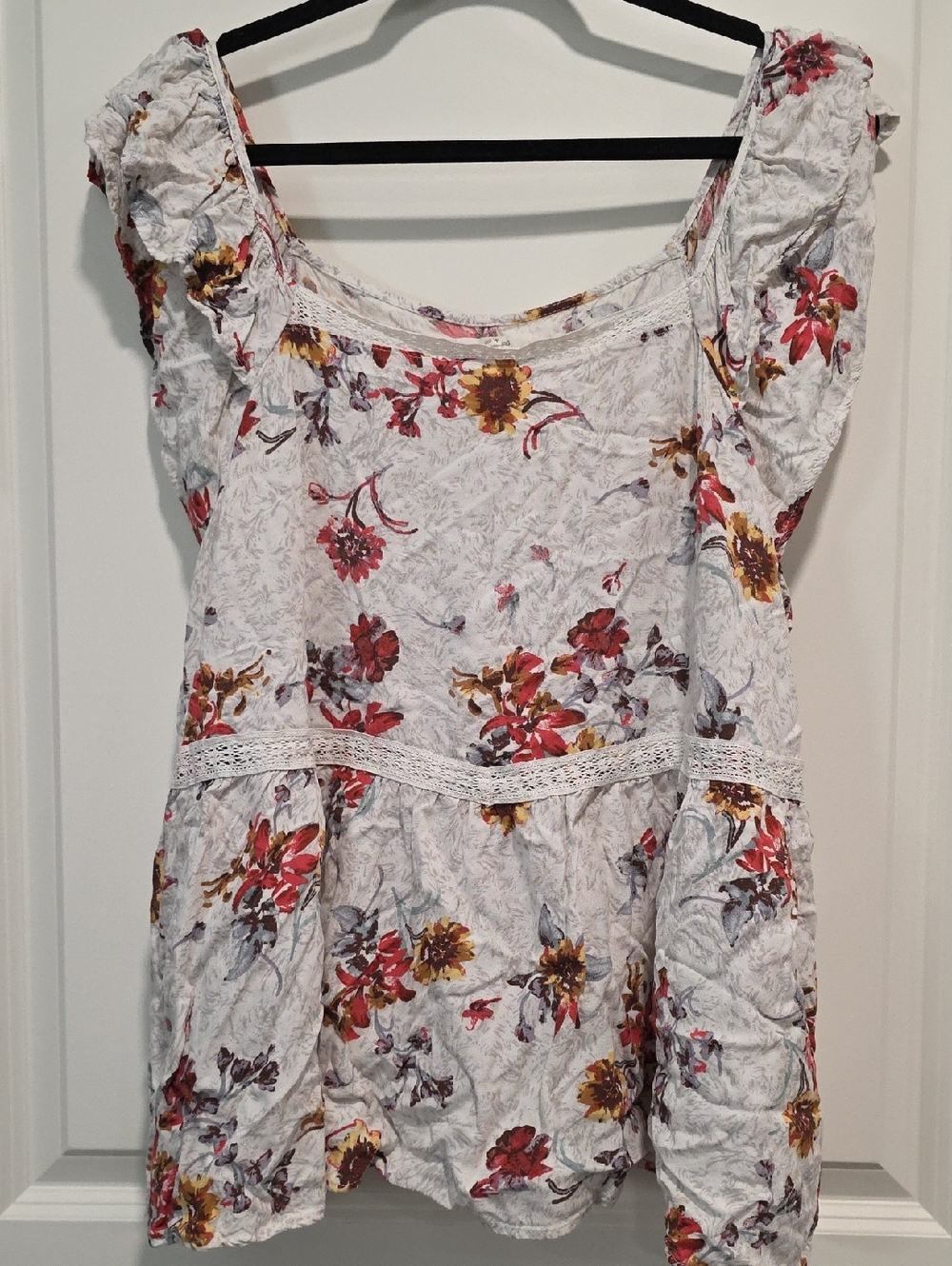 Maurices White Floral Scoop Neck Top with Red and Yellow Blooms
